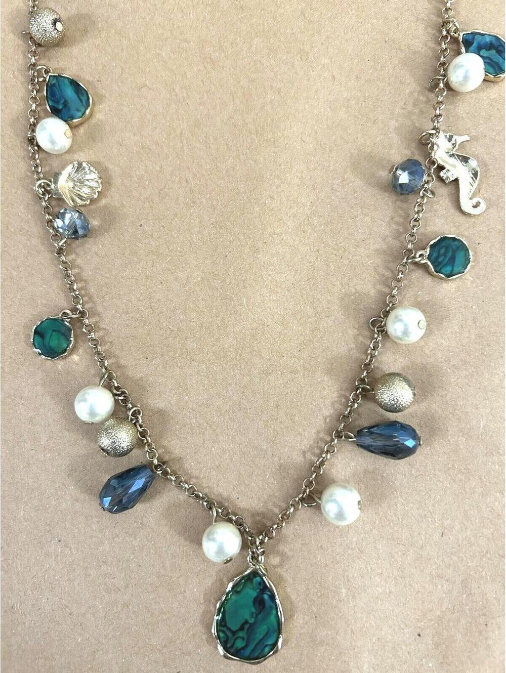Seahorse Starfish Necklace Pearl Blue Green Beaded Vintage Statement Jewelry